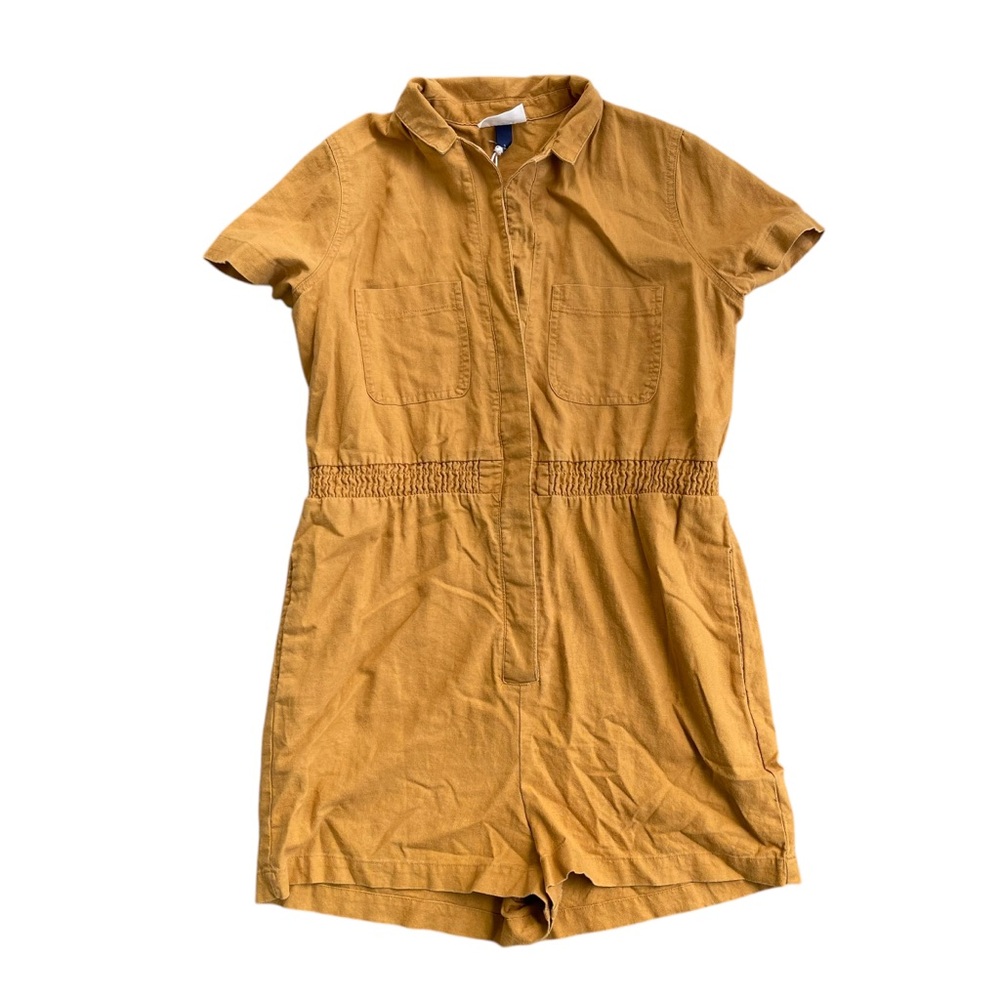 Universal Thread Gold Linen Blend Short Sleeve Romper Pockets S Casual Linen